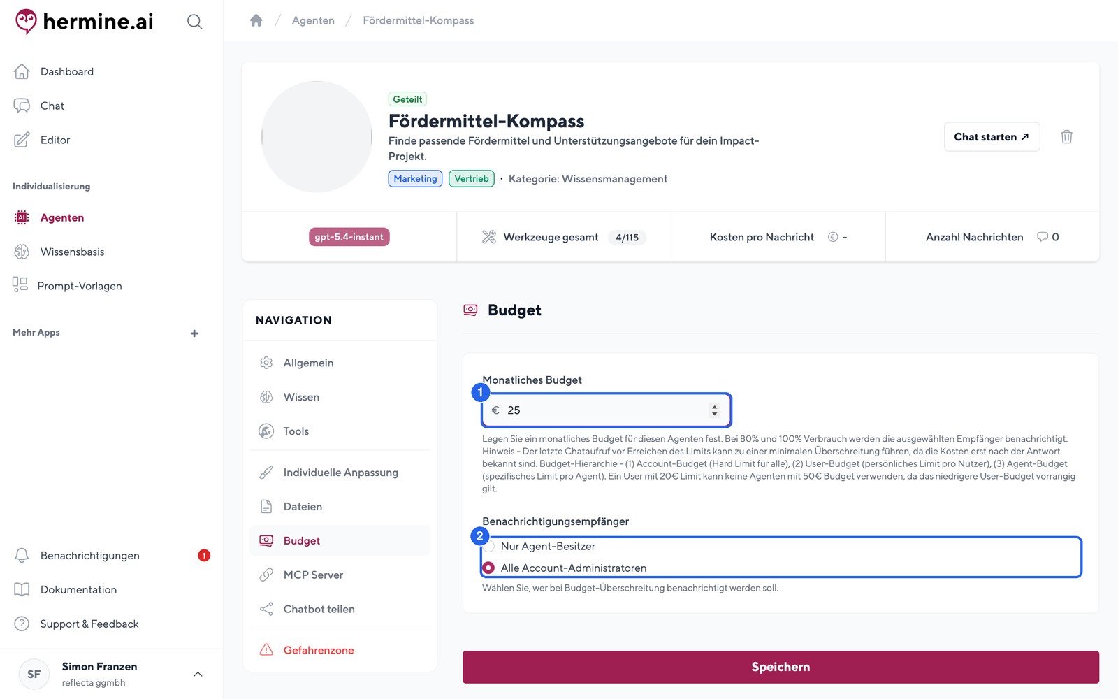 Tab "Budget": monatliches Kostenlimit setzen; bei 100 % wird der Agent pausiert.