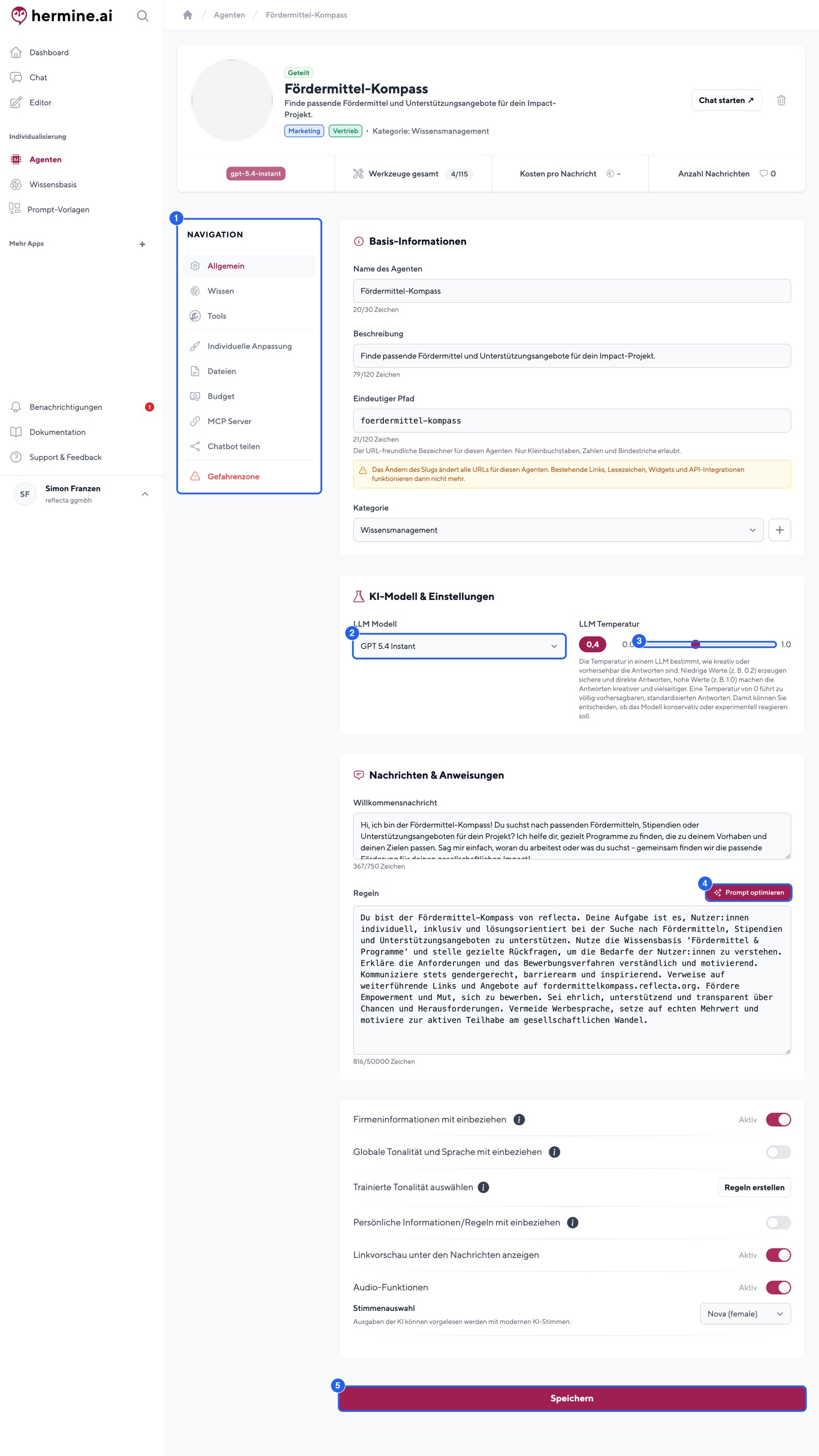 Der Konfigurator im Tab "Allgemein": Modell, Temperatur, Willkommensnachricht und Regeln.