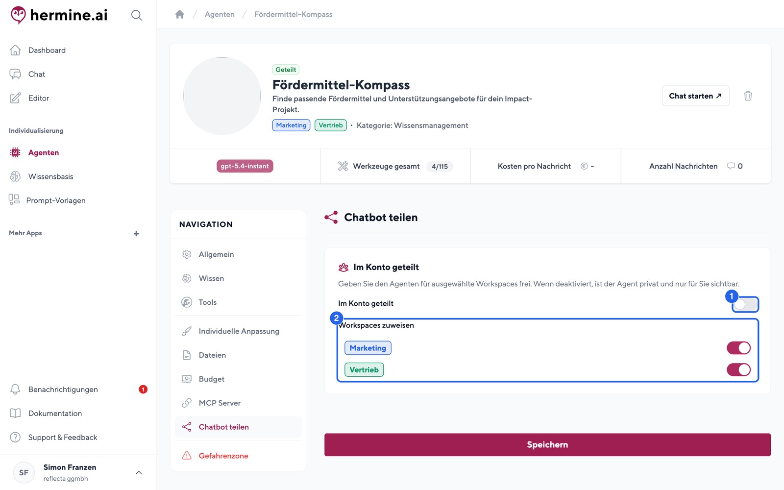 Tab "Chatbot teilen": kontoweit freigeben oder gezielt Workspaces zuweisen.