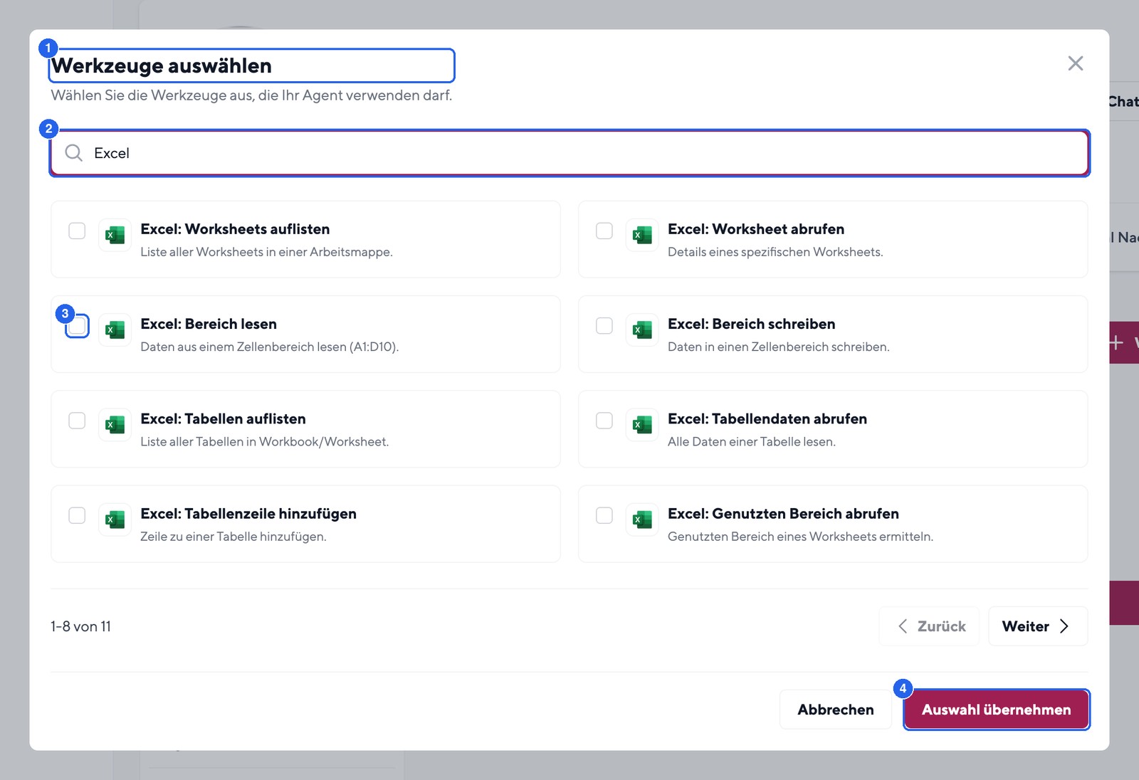 Der Dialog "Werkzeuge auswählen": Tools suchen, aktivieren und mit "Auswahl übernehmen" bestätigen.