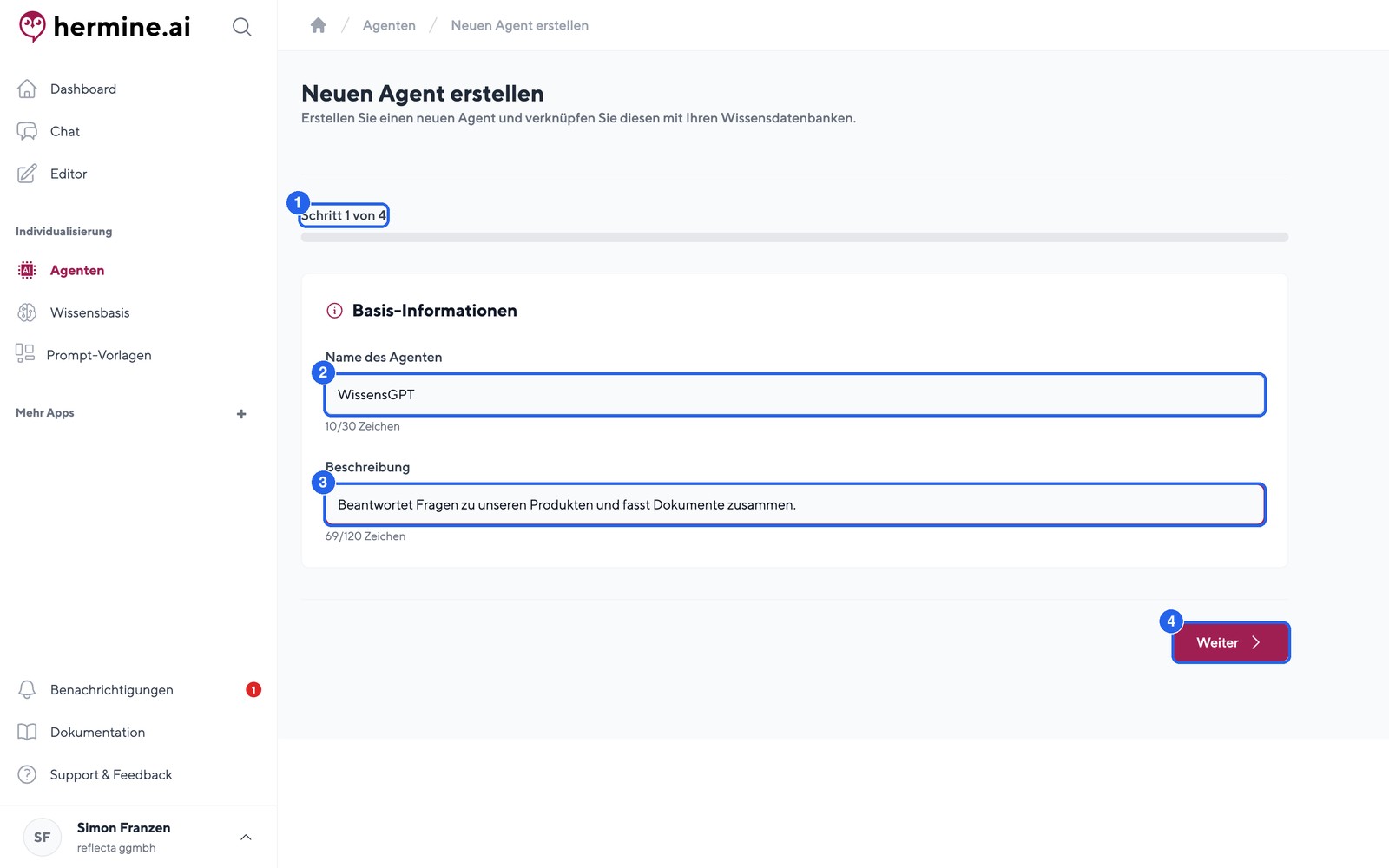 Schritt 1 des Agenten-Assistenten: Basis-Informationen festlegen.