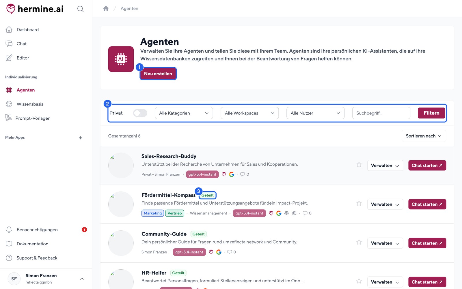 Die Agenten-Übersicht: Über "Neu erstellen" starten Sie den Assistenten.