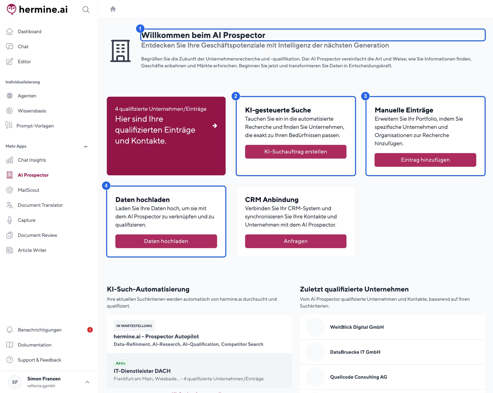 Das AI-Prospector-Dashboard: KI-Suchauftraege, manuelle Eintraege und CSV-Upload.