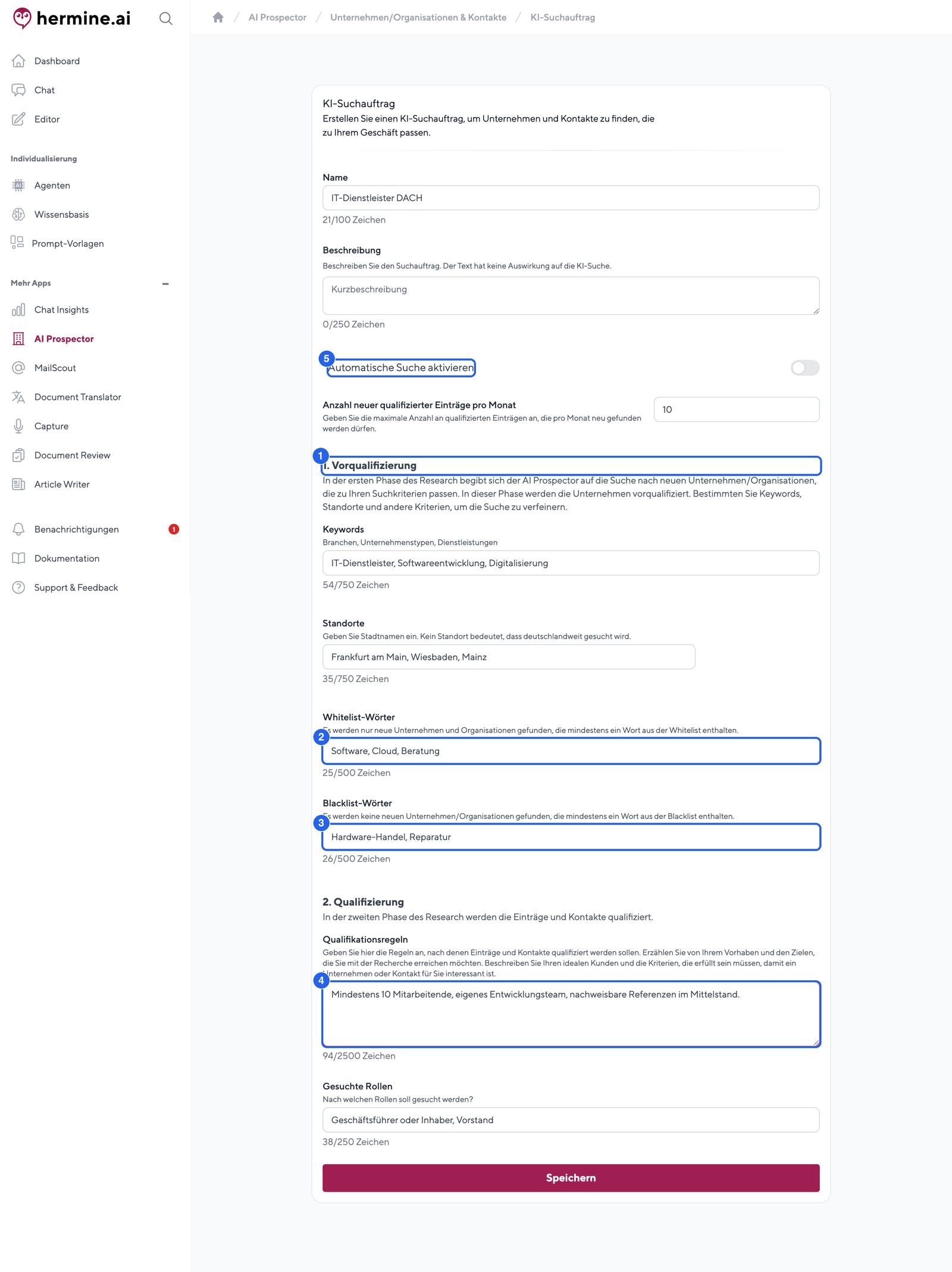 Ein KI-Suchauftrag definiert Vorqualifizierung (Keywords, Whitelist, Blacklist) und Qualifizierungsregeln.