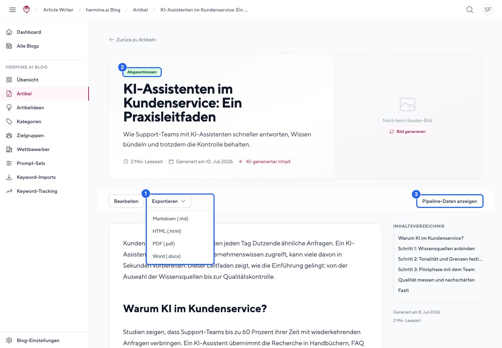 Artikel-Detailseite im Article Writer mit Status-Badge, geöffnetem Export-Menü und dem Button für die Pipeline-Daten.