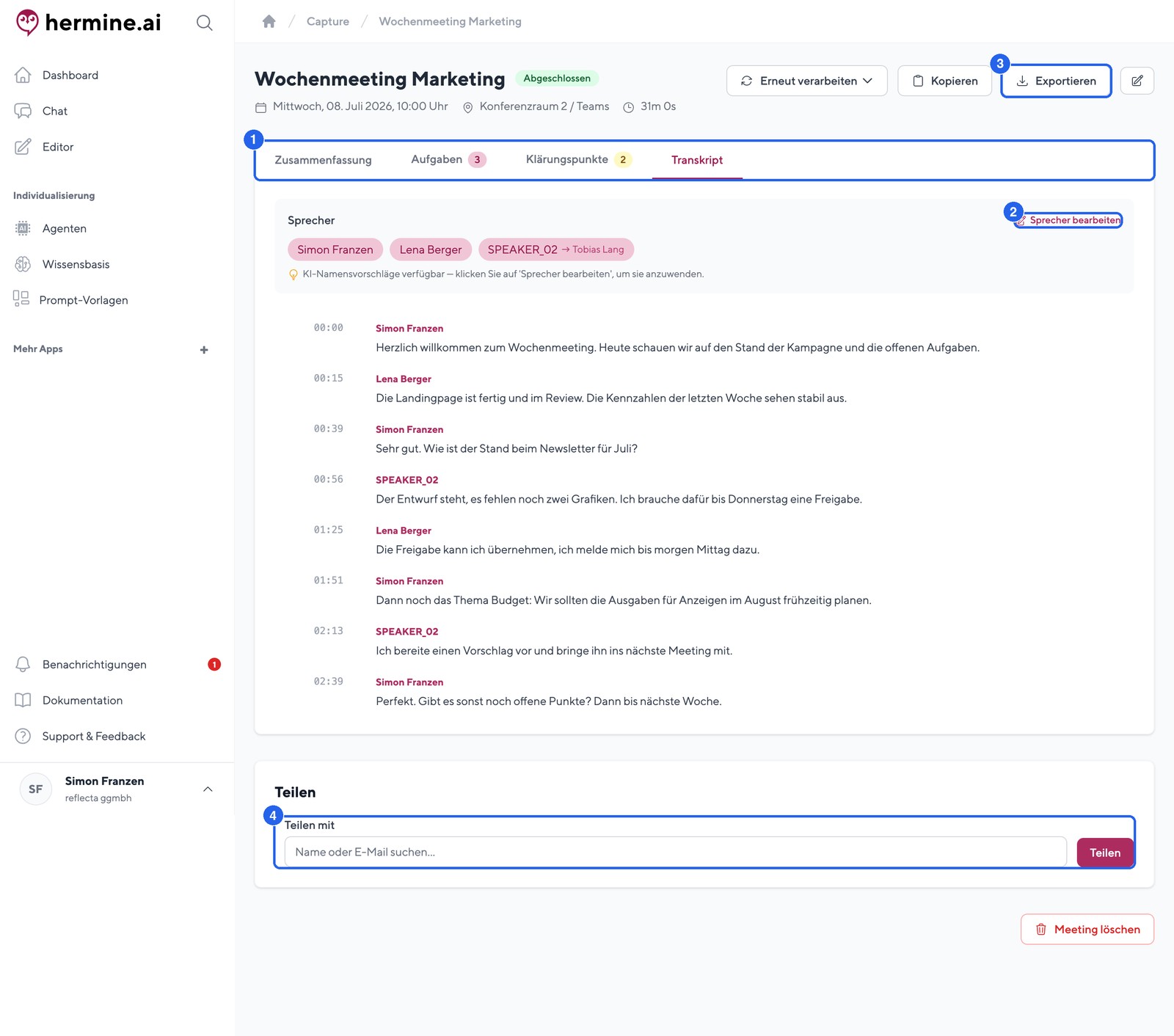 Die Meeting-Detailseite in Capture: Zusammenfassung, Transkript, Aufgaben und Klaerungspunkte mit Export und Teilen.