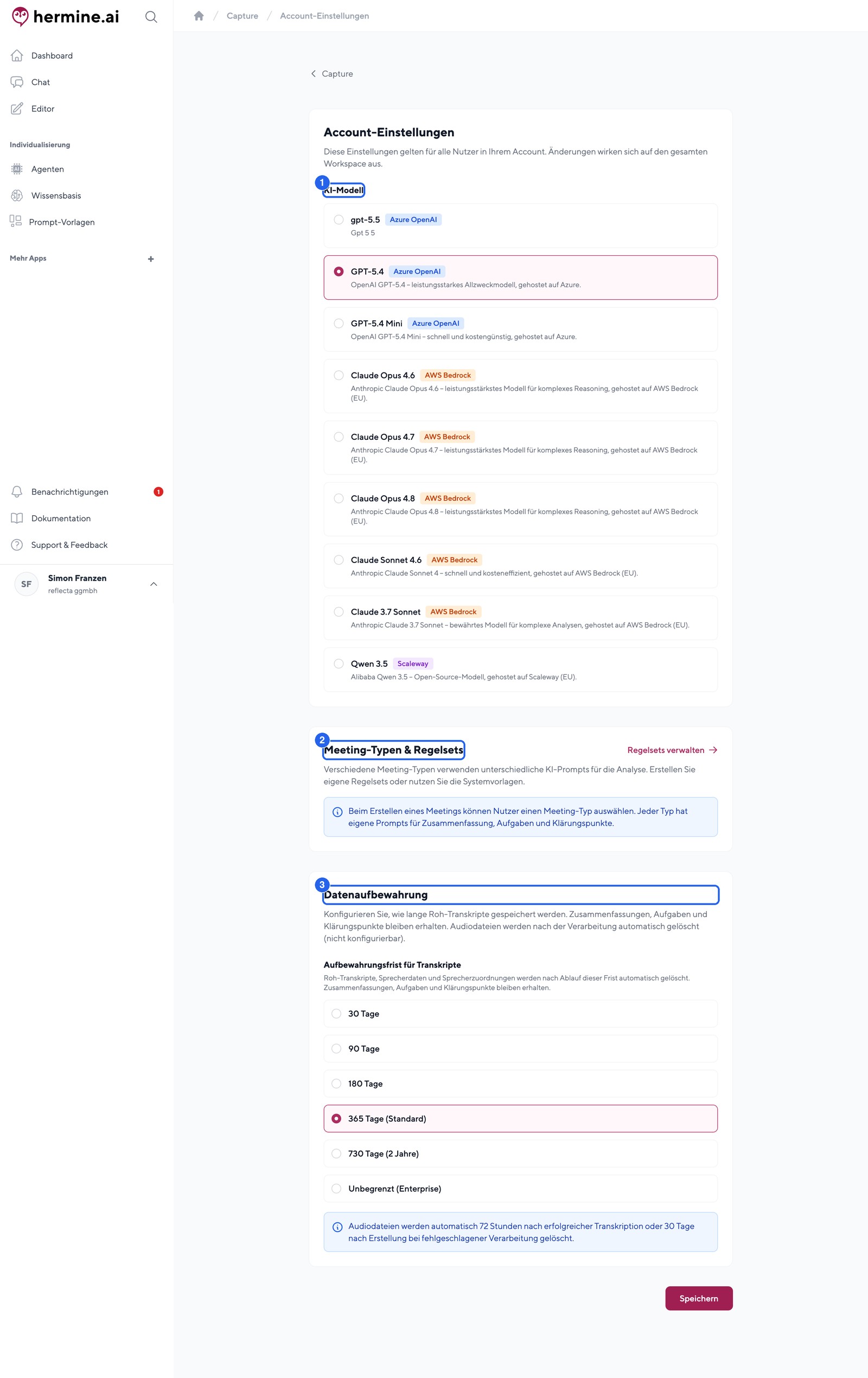 Capture-Einstellungen: KI-Modell, Meeting-Typen & Regelsets und die Datenaufbewahrung fuer Transkripte.