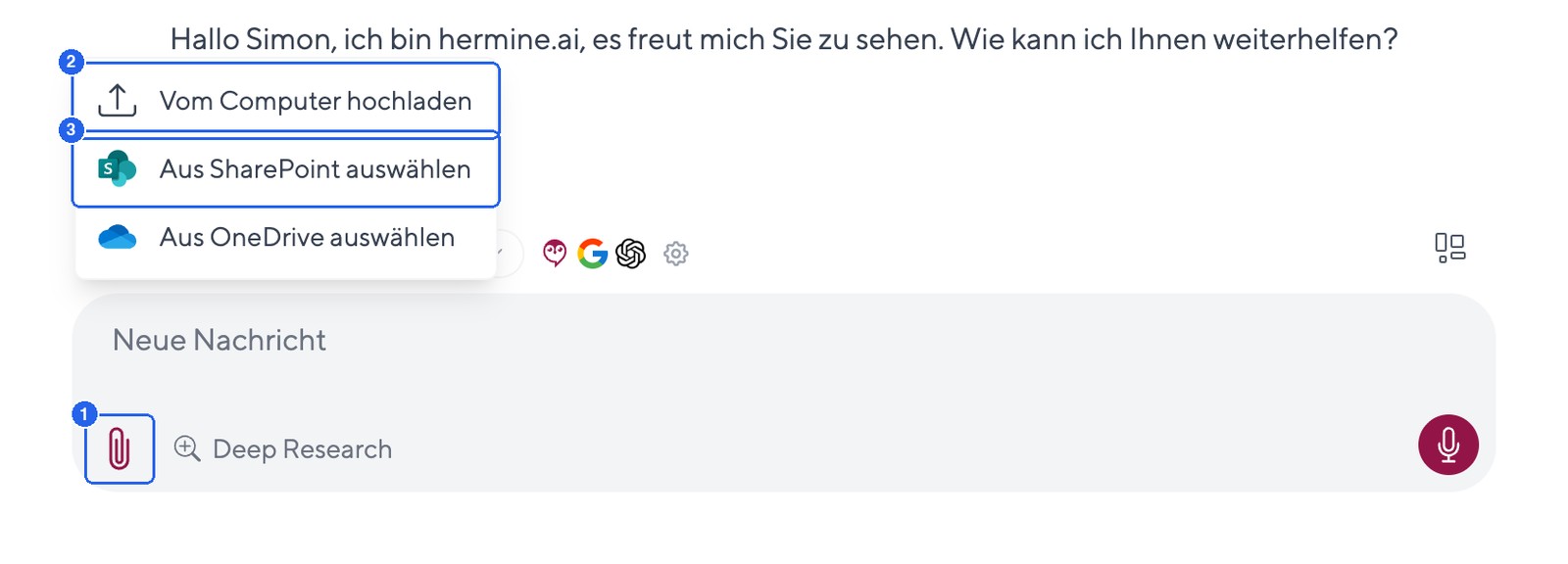 Das Upload-Menü im Chat: Dateien vom Computer, aus SharePoint oder OneDrive anhängen; alternativ Drag-and-drop oder Einfügen.