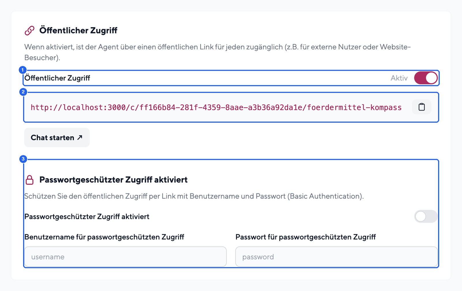 Tab Chatbot teilen: öffentlicher Zugriff per Link mit optionalem Passwortschutz
