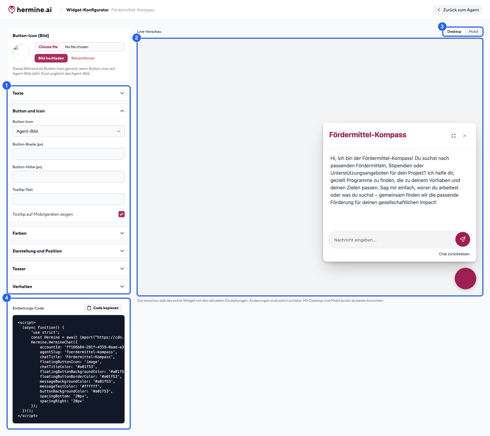 Widget-Konfigurator mit Live-Vorschau und fertigem Einbettungs-Code