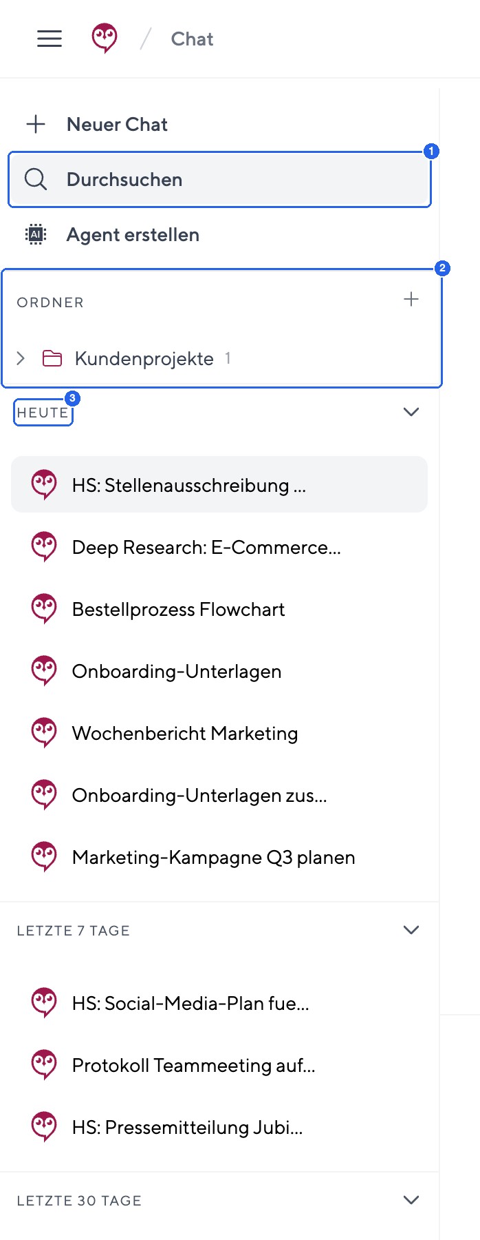 Die Chat-Seitenleiste mit Suche, Ordnern und Zeitgruppen