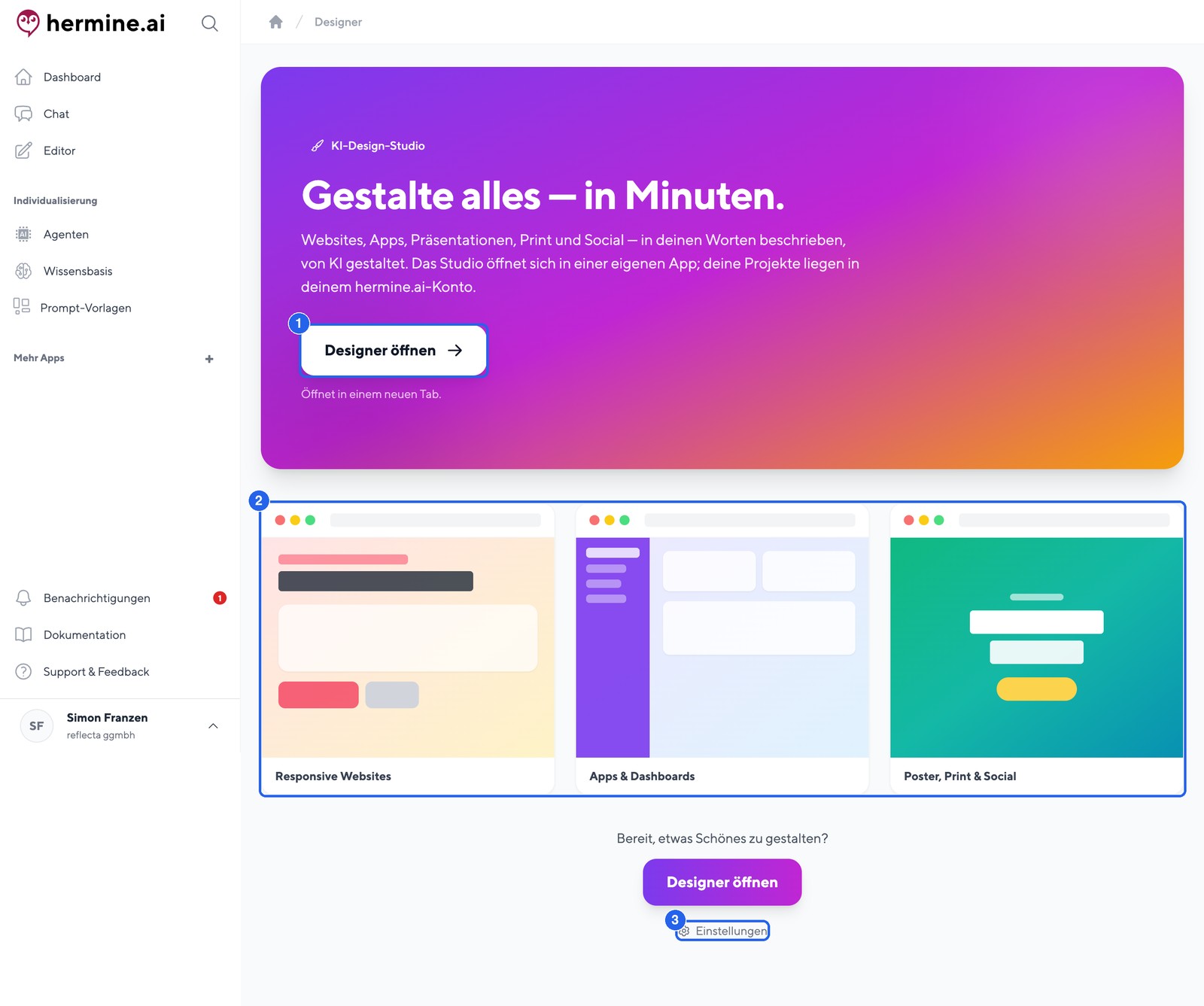 Designer-Startseite in hermine.ai mit dem Button Designer öffnen, Design-Beispielen und dem Einstellungen-Link.