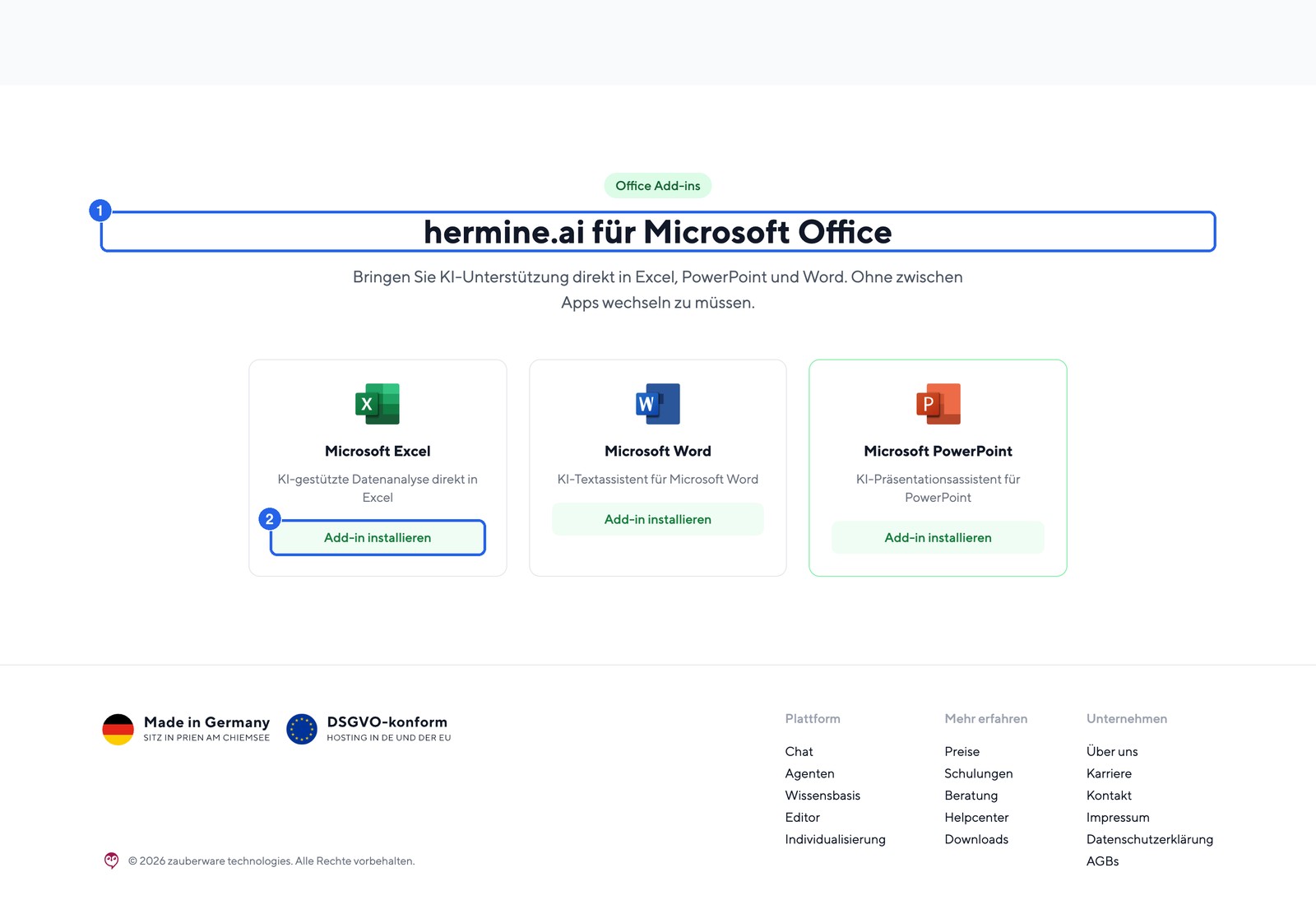 Die Downloads-Seite mit den Office Add-ins für Excel, Word und PowerPoint und dem Button 'Add-in installieren'