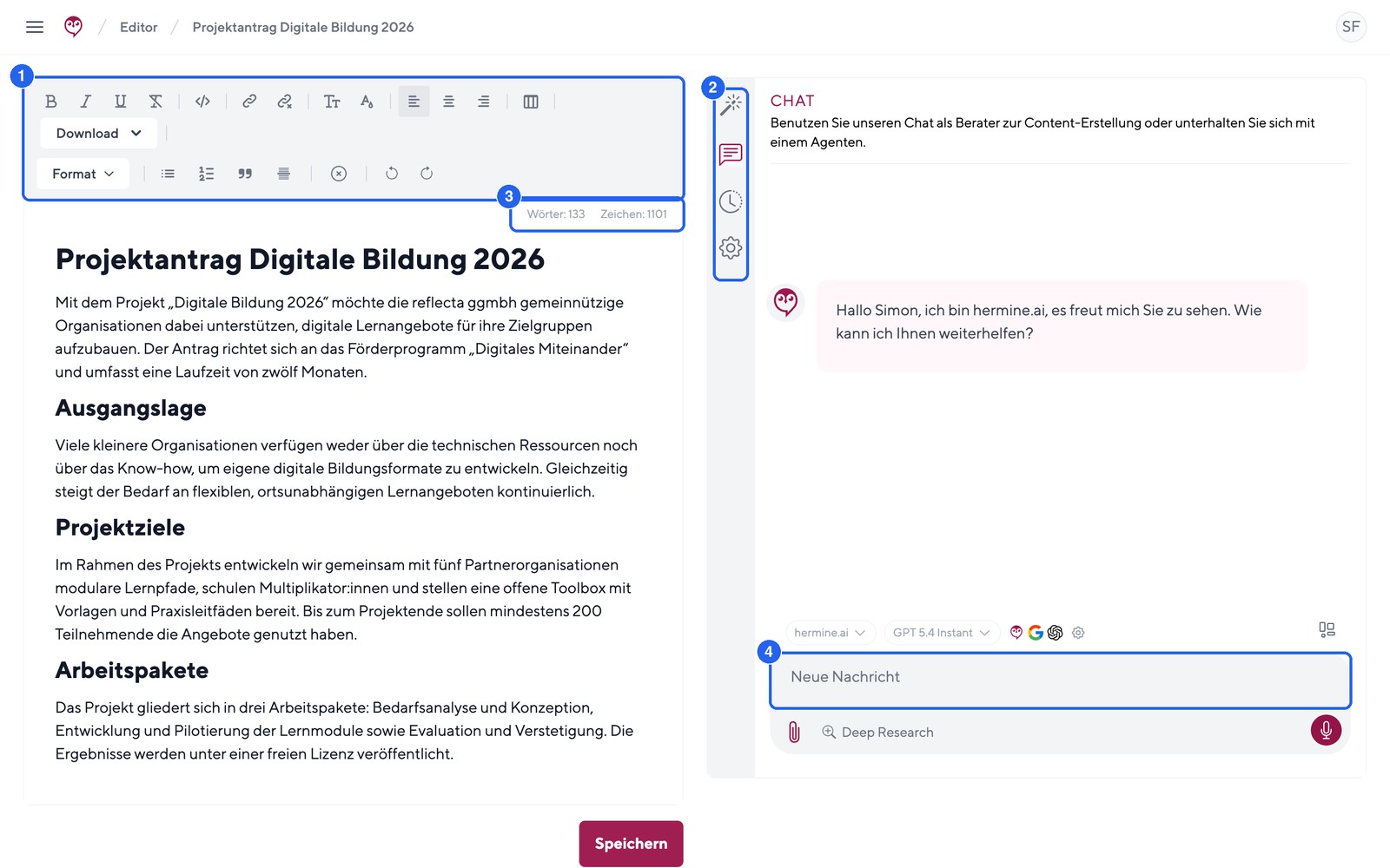 Der KI-Dokumenteneditor: links schreiben, rechts Assistenz, Chat, Verlauf und Einstellungen.