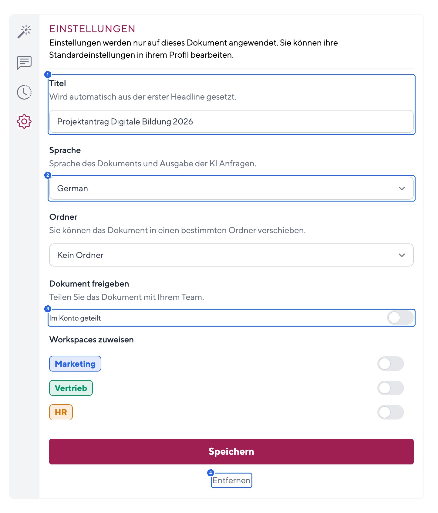 Dokument-Einstellungen: Titel, Sprache, Ordner und Freigabe pro Dokument.