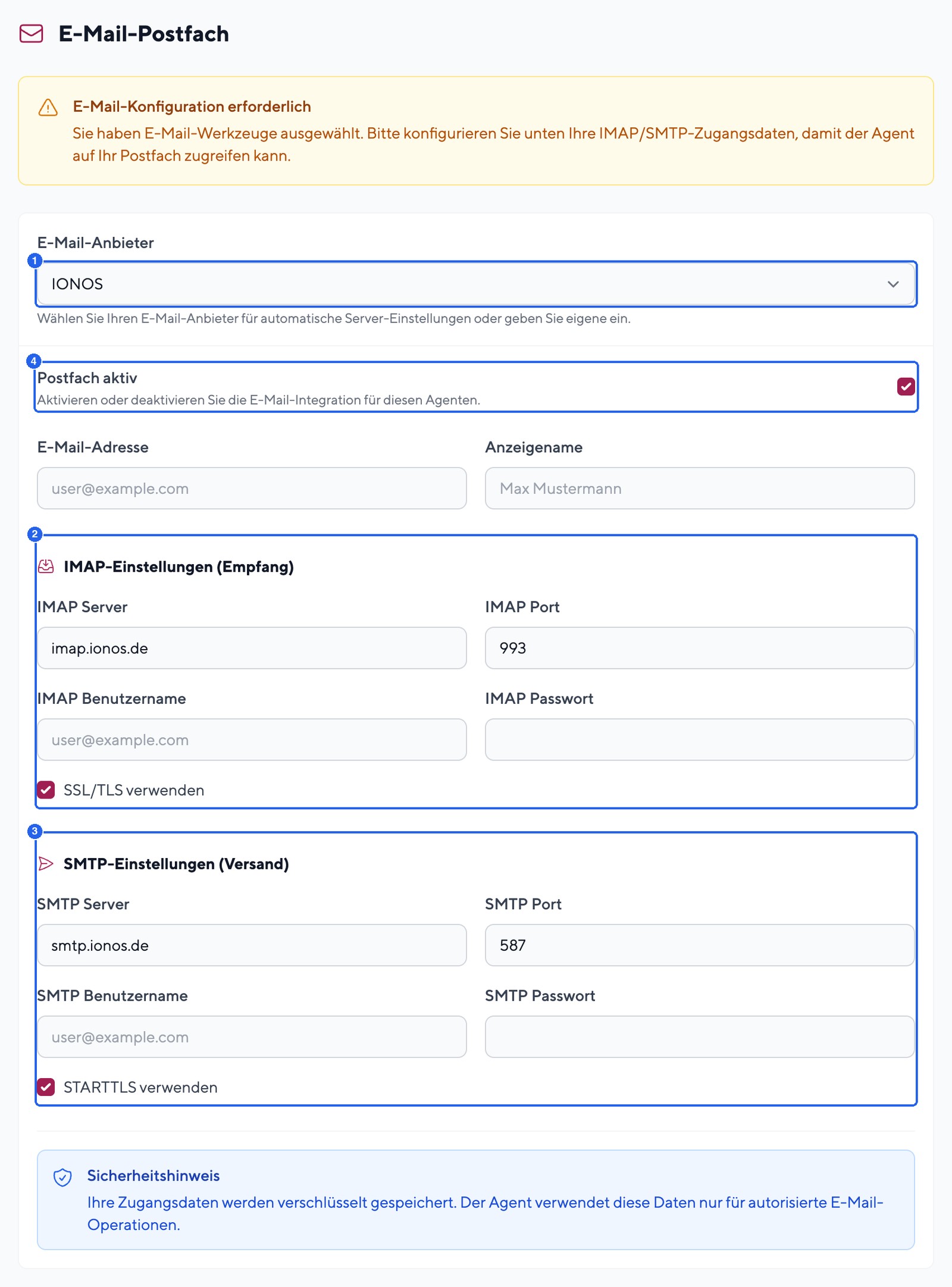 IMAP/SMTP-Postfach für einen Agenten konfigurieren