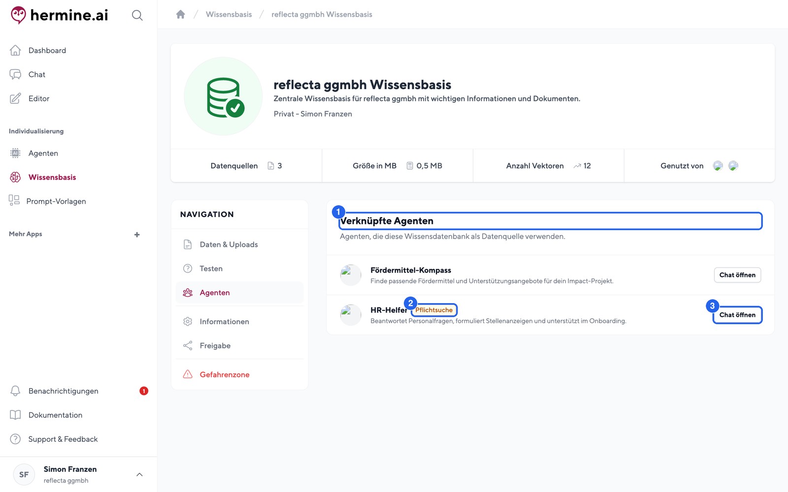Der Agenten-Tab zeigt alle Agenten, die diese Wissensdatenbank als Datenquelle verwenden.