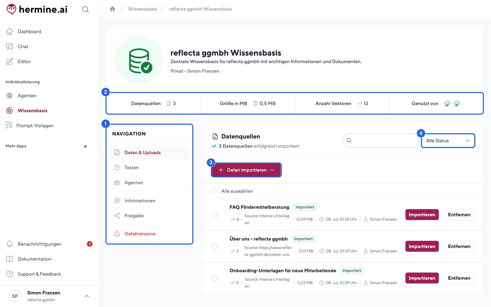 Die Detailseite einer Wissensdatenbank: Sidebar-Tabs, Statistiken und Datenquellen-Import.