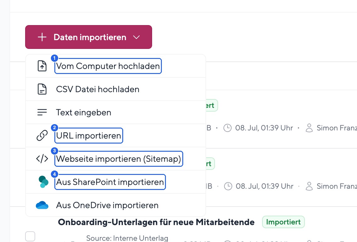 Das Dropdown "Daten importieren" mit allen verfügbaren Datenquellen-Typen.