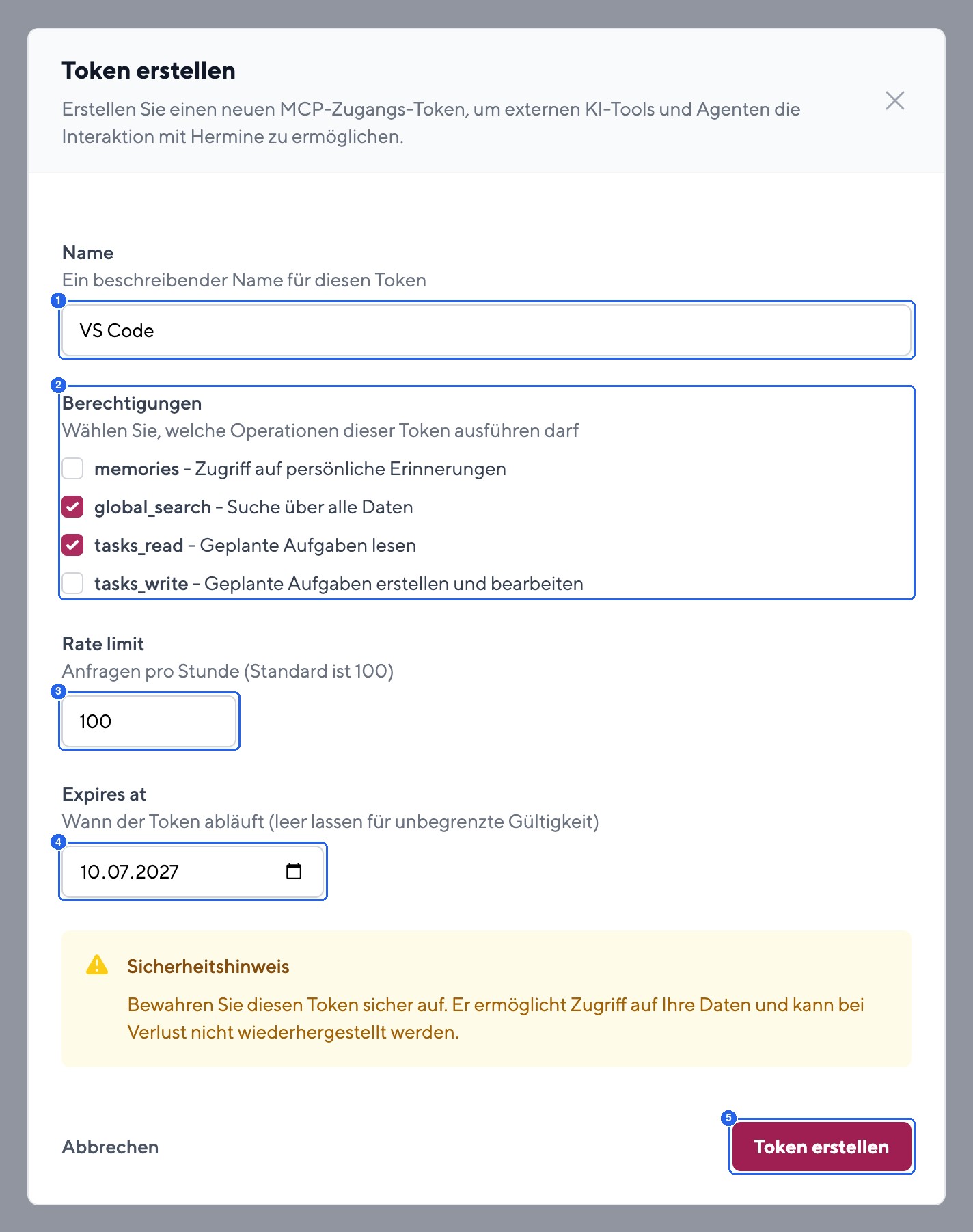 Neuen MCP Zugangs-Token mit Berechtigungen, Rate-Limit und Ablaufdatum erstellen