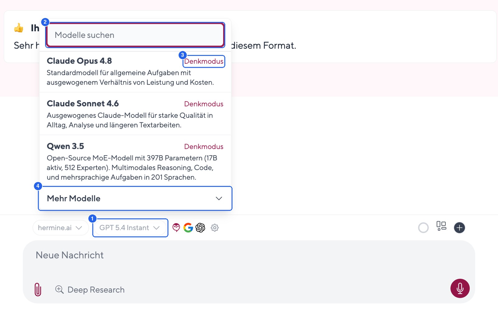 Modellauswahl im Chat: Klick auf die Modell-Schaltfläche öffnet die Liste mit Suche, Denkmodus-Badge und 'Mehr Modelle'.