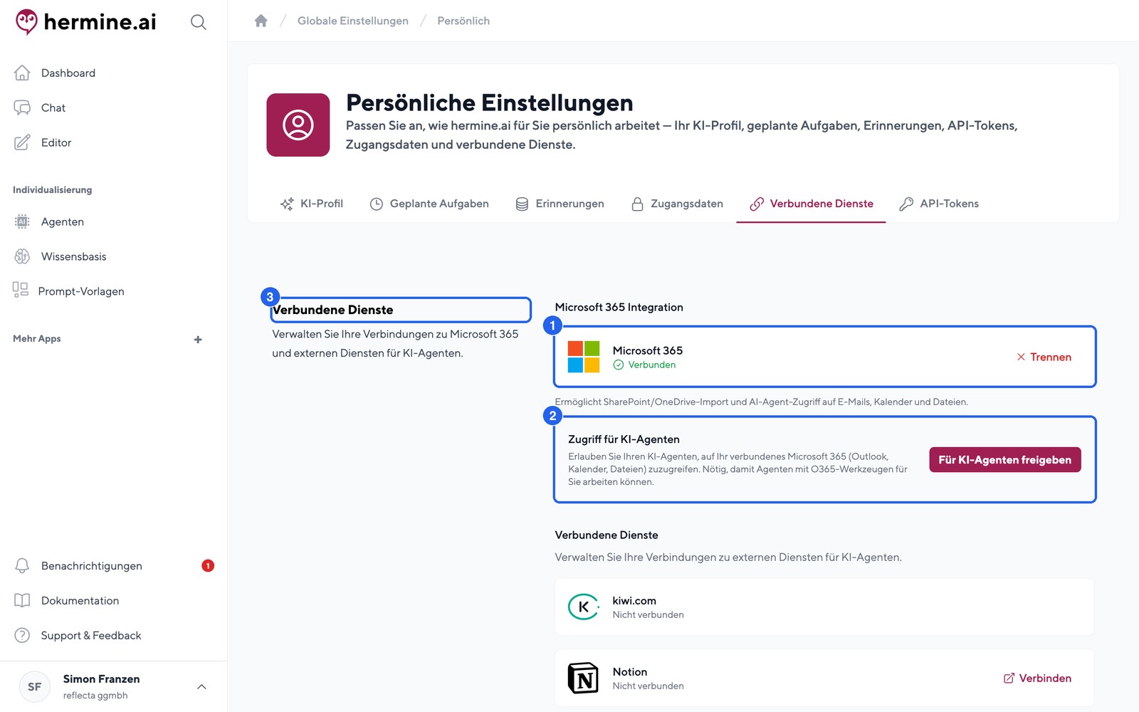 Connect Microsoft 365 and grant access to AI agents (Personal settings → Connected services)