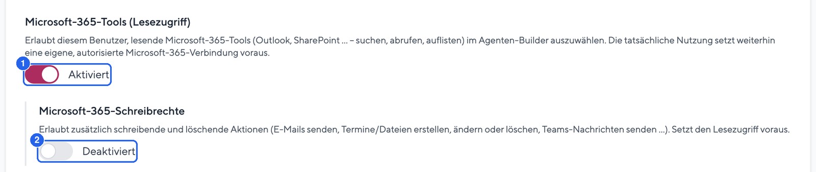 Per-user read and write permissions for Microsoft 365 tools (Settings → Users)