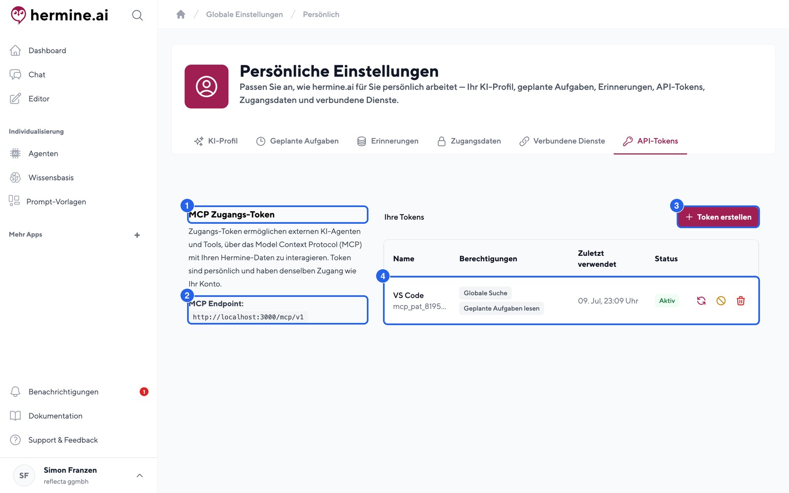 MCP Zugangs-Token in den Persönlichen Einstellungen verwalten