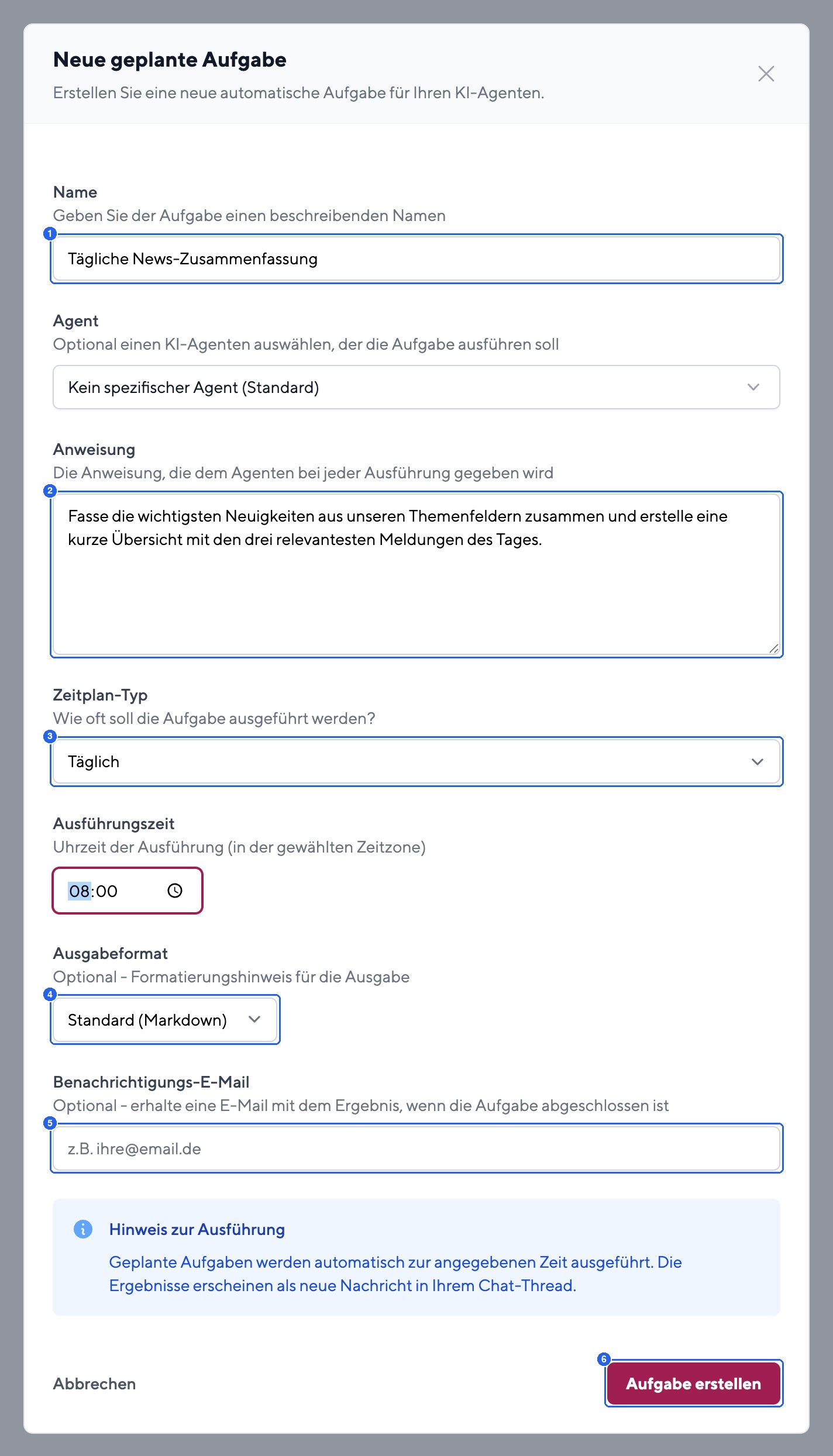 Creating a new scheduled task: name, instruction, schedule, output format, and optional email notification.