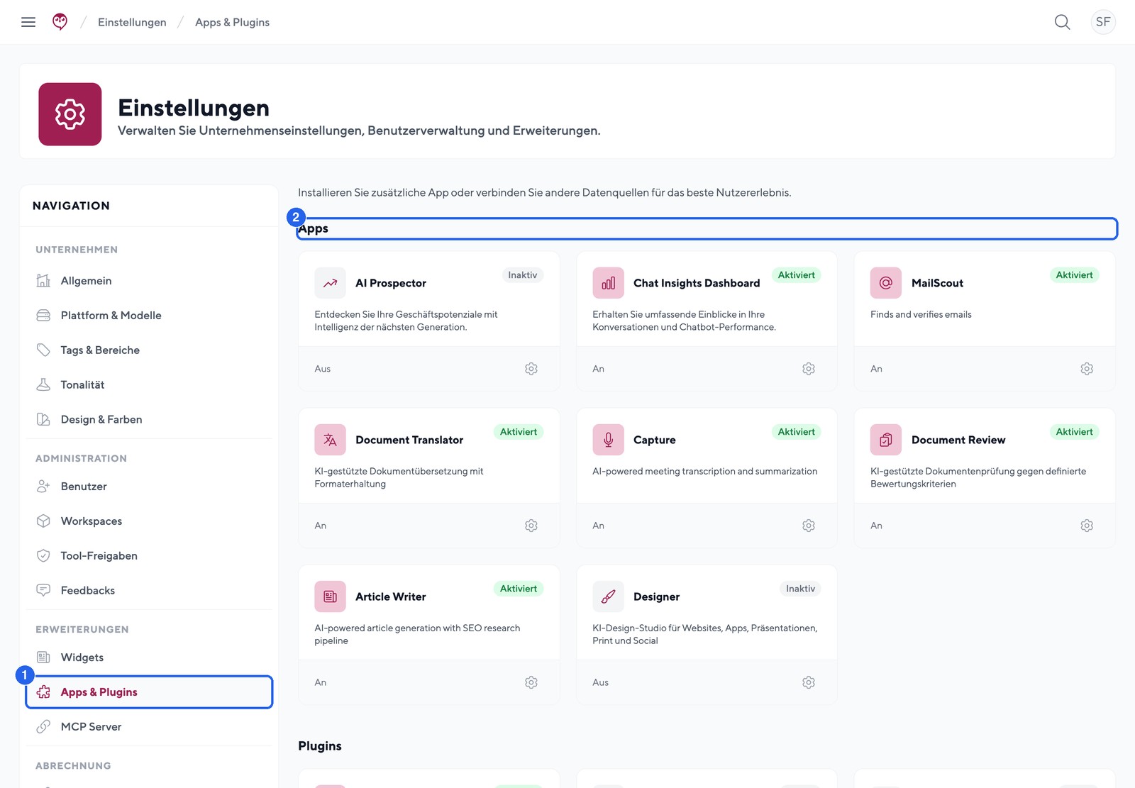 Apps werden unter Einstellungen, Apps & Plugins aktiviert und erscheinen danach in der Seitenleiste unter Mehr Apps.