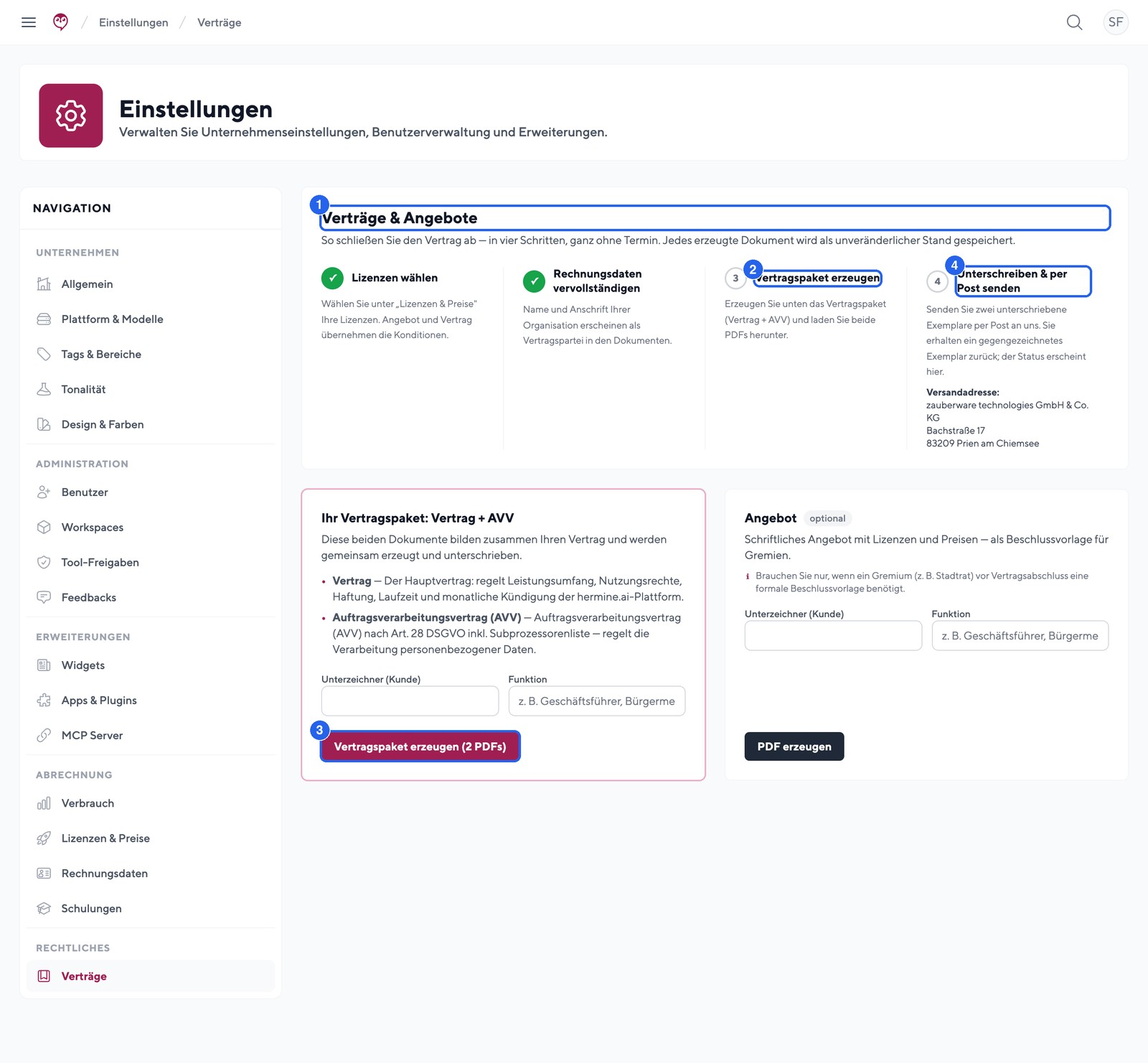 Vertragsabschluss in vier Schritten: Angebot, Vertrag und AVV als PDF
