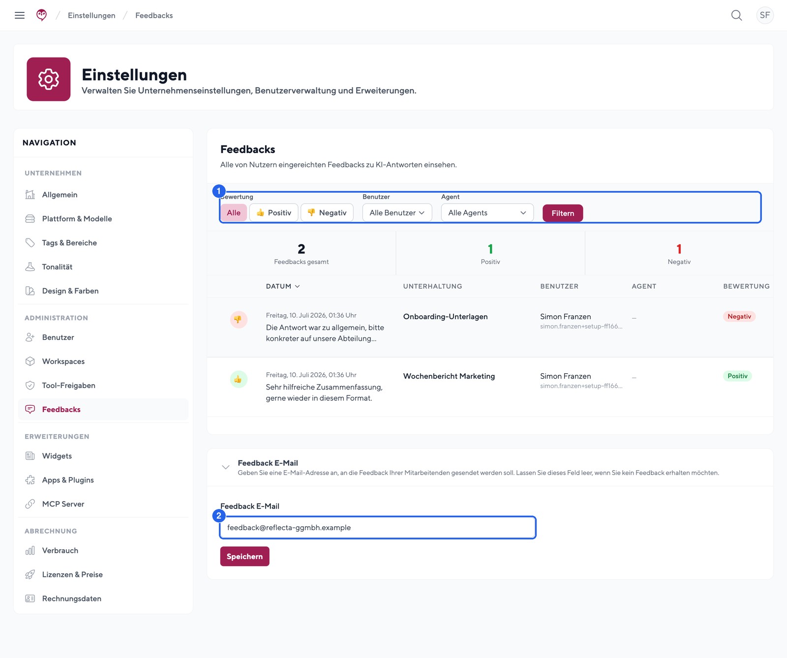 Feedback-Auswertung in den Einstellungen
