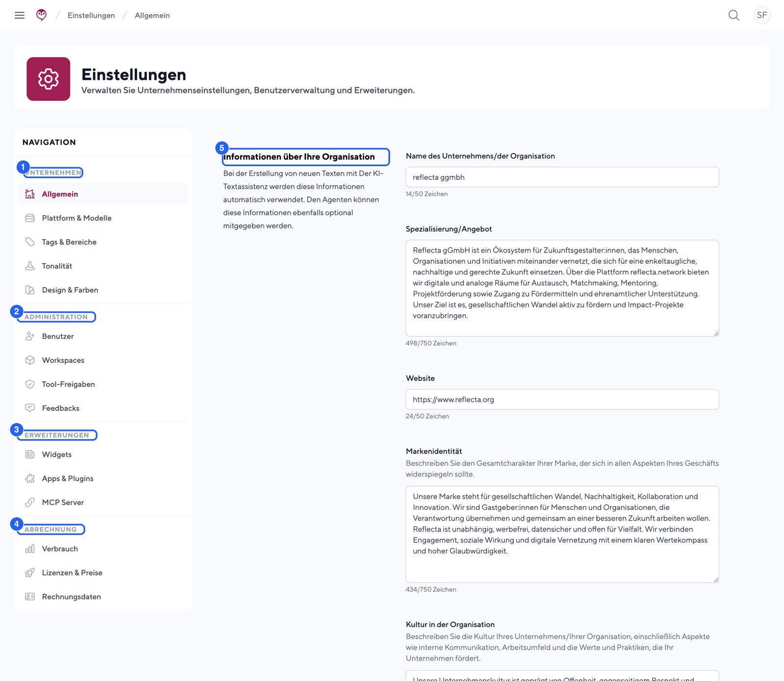 Die Einstellungen mit Gruppen-Sidebar: Unternehmen, Administration, Erweiterungen und Abrechnung.