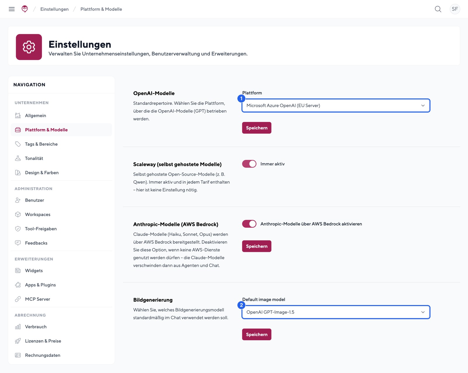 Plattform & Modelle: KI-Plattform und Standard-Bildmodell für den Account festlegen