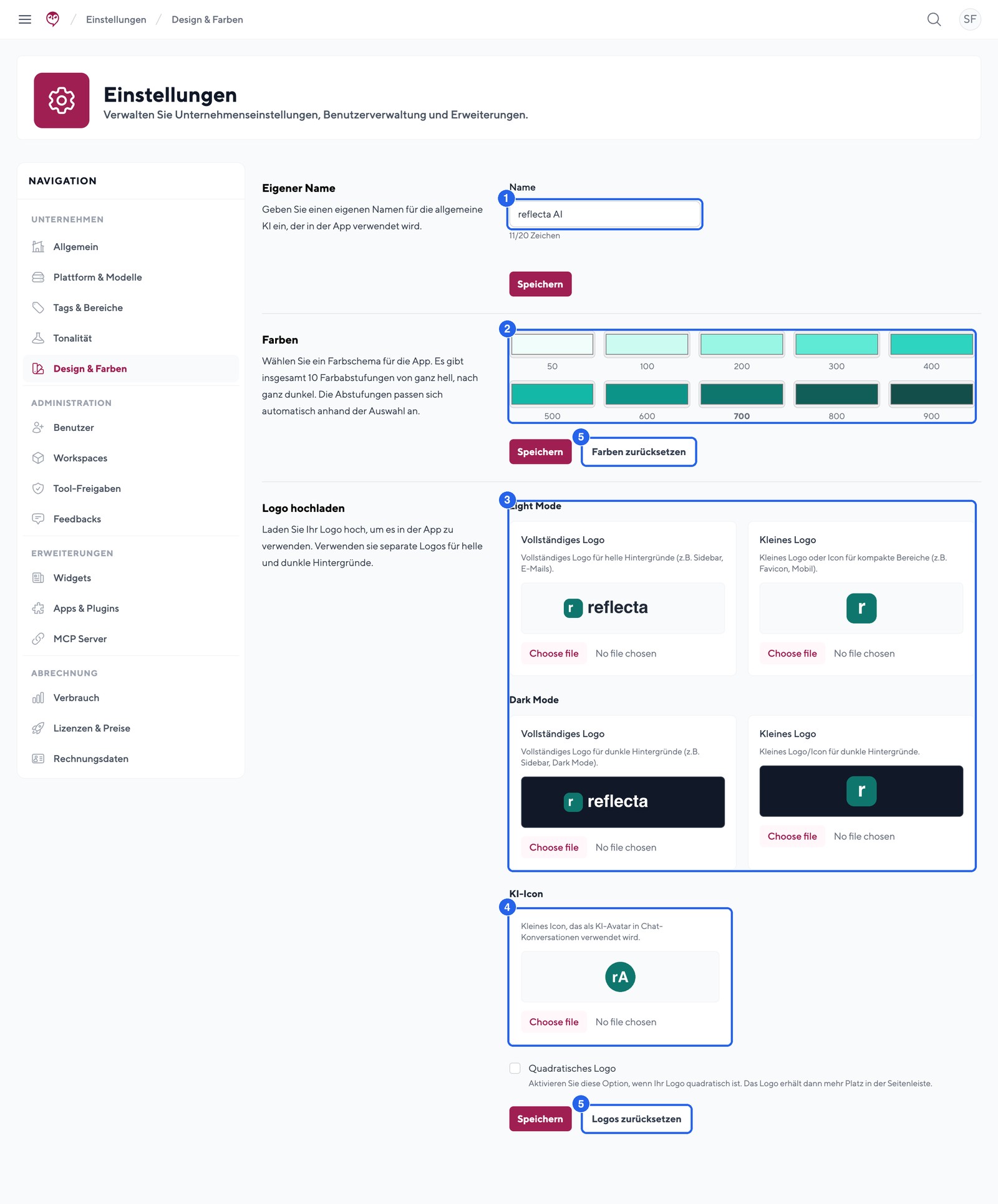Design & Farben: eigener KI-Name, Farbschema und Logos für Light und Dark Mode.