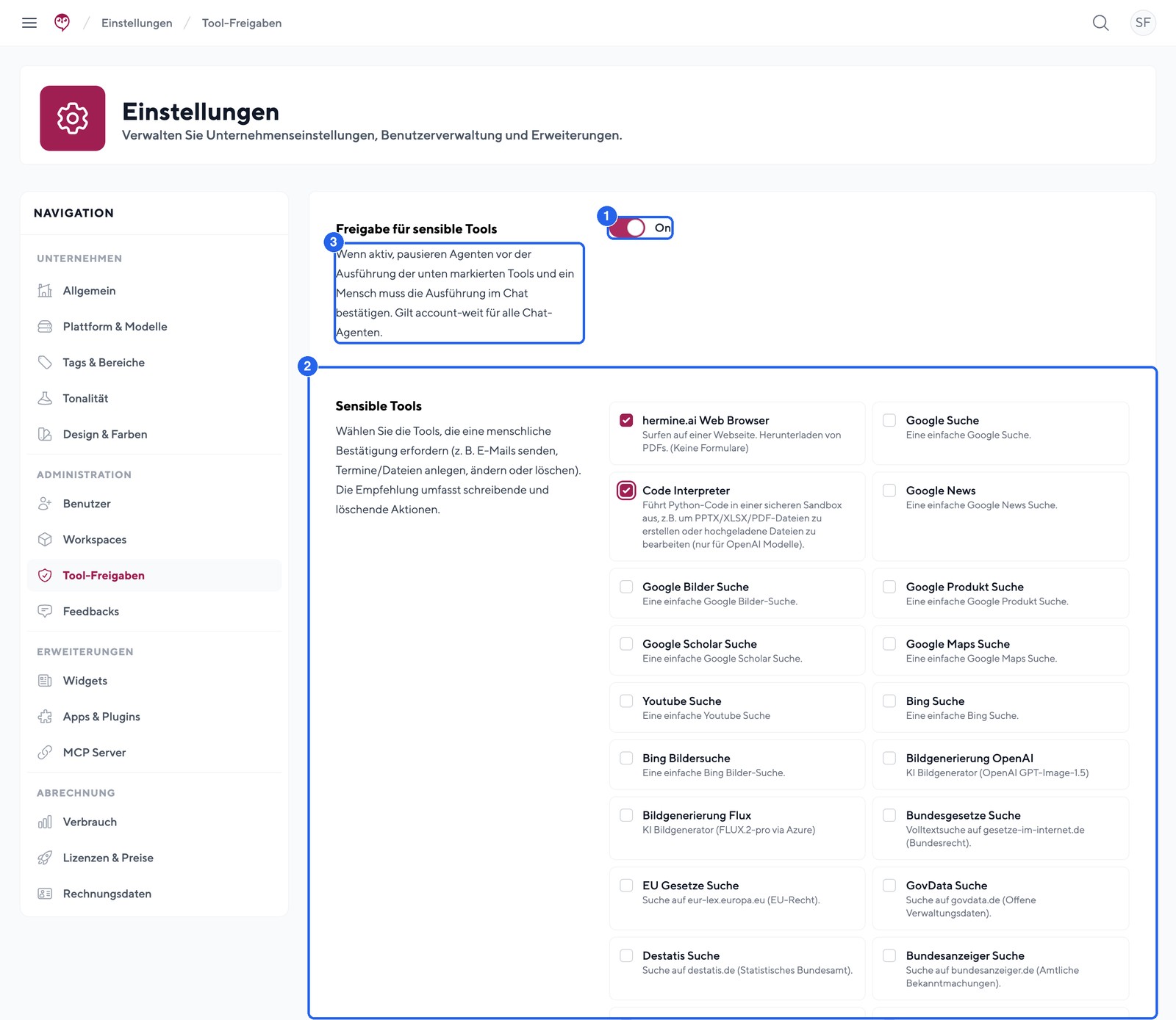 Tool-Freigaben in den Einstellungen: sensible Tools account-weit absichern