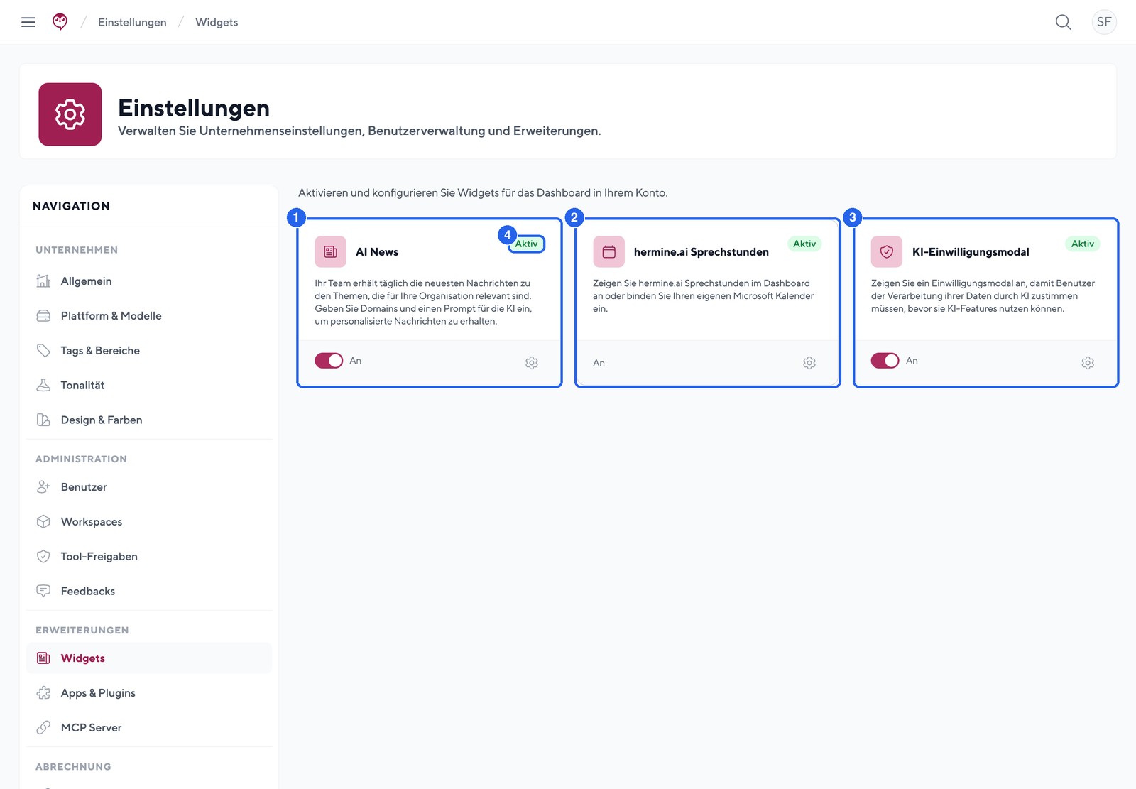 Die drei Dashboard-Widgets: AI News, hermine.ai Sprechstunden und KI-Einwilligungsmodal.