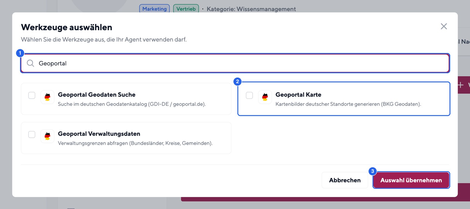 Geodaten- und Datenquellen-Werkzeuge finden Sie im Auswahlmodal über die Suche, hier gefiltert nach Geoportal.