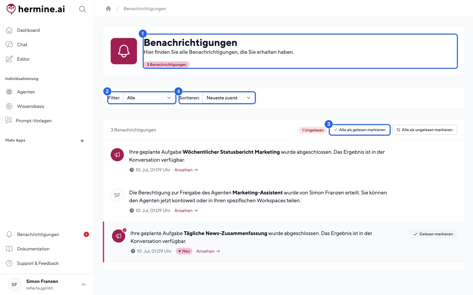 Das Benachrichtigungs-Center mit Filter, Sortierung und Sammelaktionen